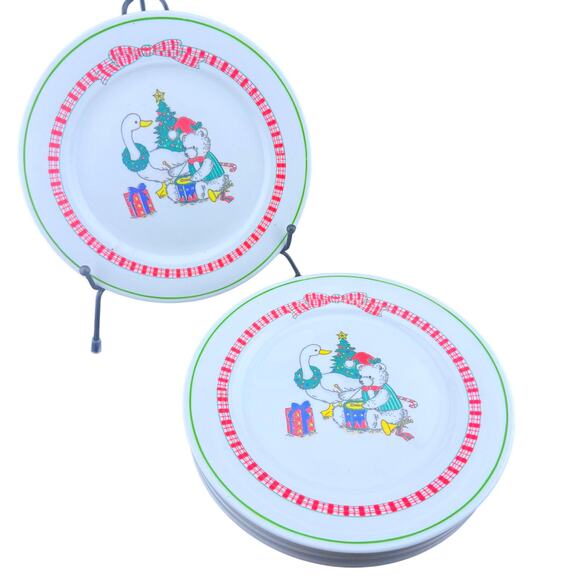 Set Of 5 Alco Industries China Christmas Plaid Pattern Plates ~ 7⅛" Bear, Goose - Picture 8 of 10